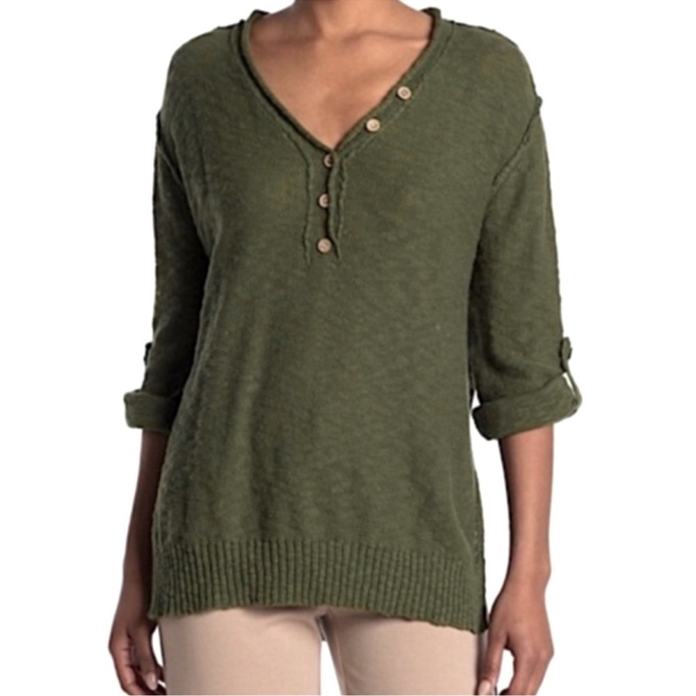 StitchDrop‎ Slub V Neck Henley With Tab Sleeve Sweater